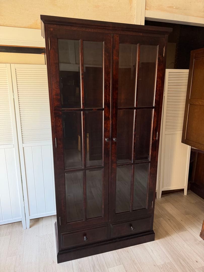 書棚 900 ふらの 観音開き 樺材 北海道民芸家具 ダークブラウン