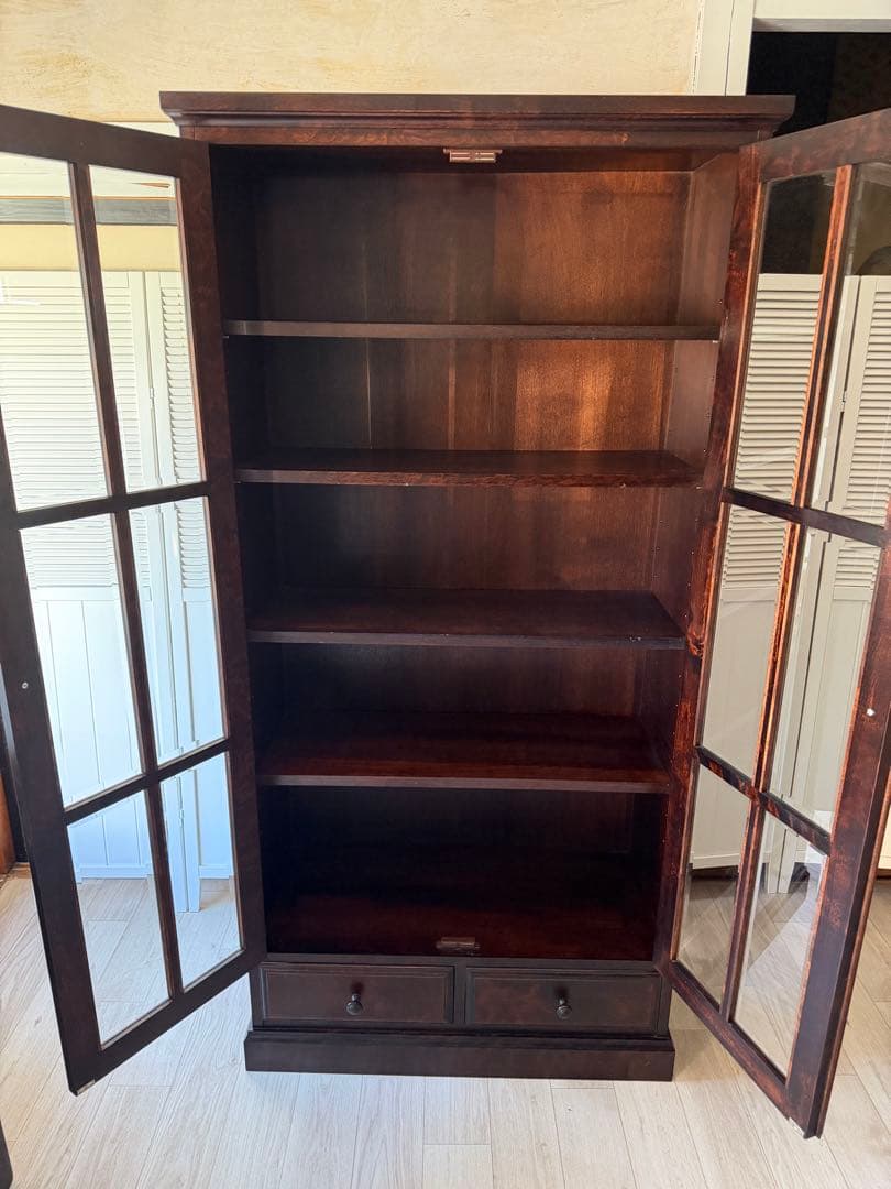 書棚 900 ふらの 観音開き 樺材 北海道民芸家具 ダークブラウン