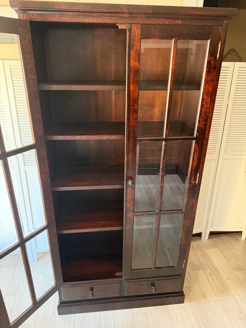 書棚 900 ふらの 観音開き 樺材 北海道民芸家具 ダークブラウン