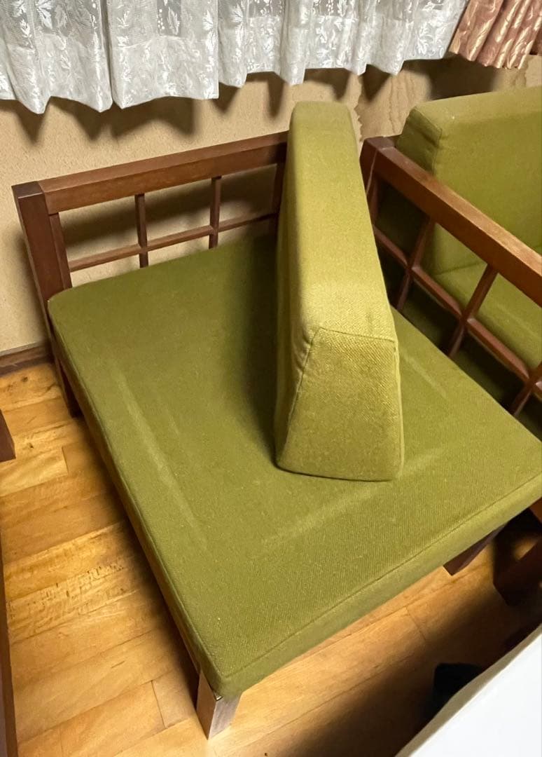 ❸木製フレーム 1人掛けソファ グリーン クッション付き　チーク製 北欧