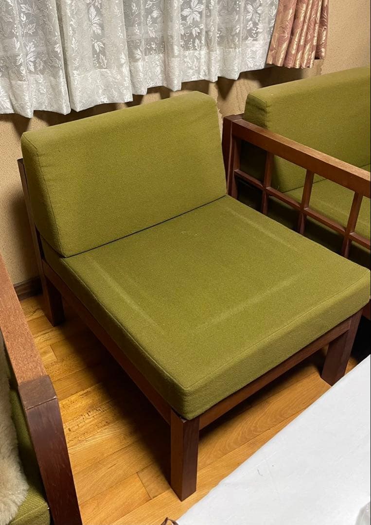 ❸木製フレーム 1人掛けソファ グリーン クッション付き　チーク製 北欧