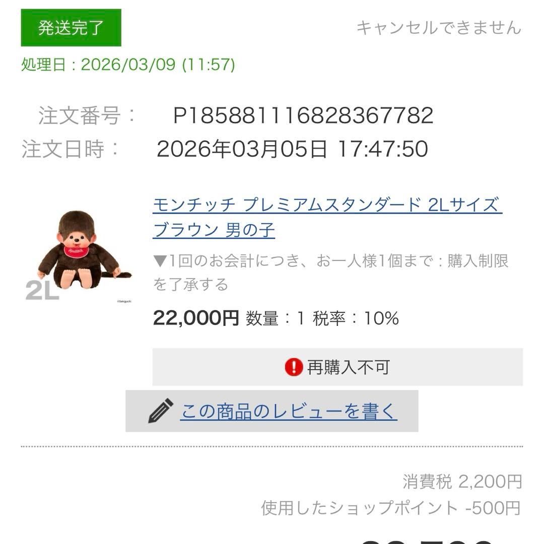 タグ付きモンチッチ プレミアムスタンダード 2Lサイズ ブラウン　男の子