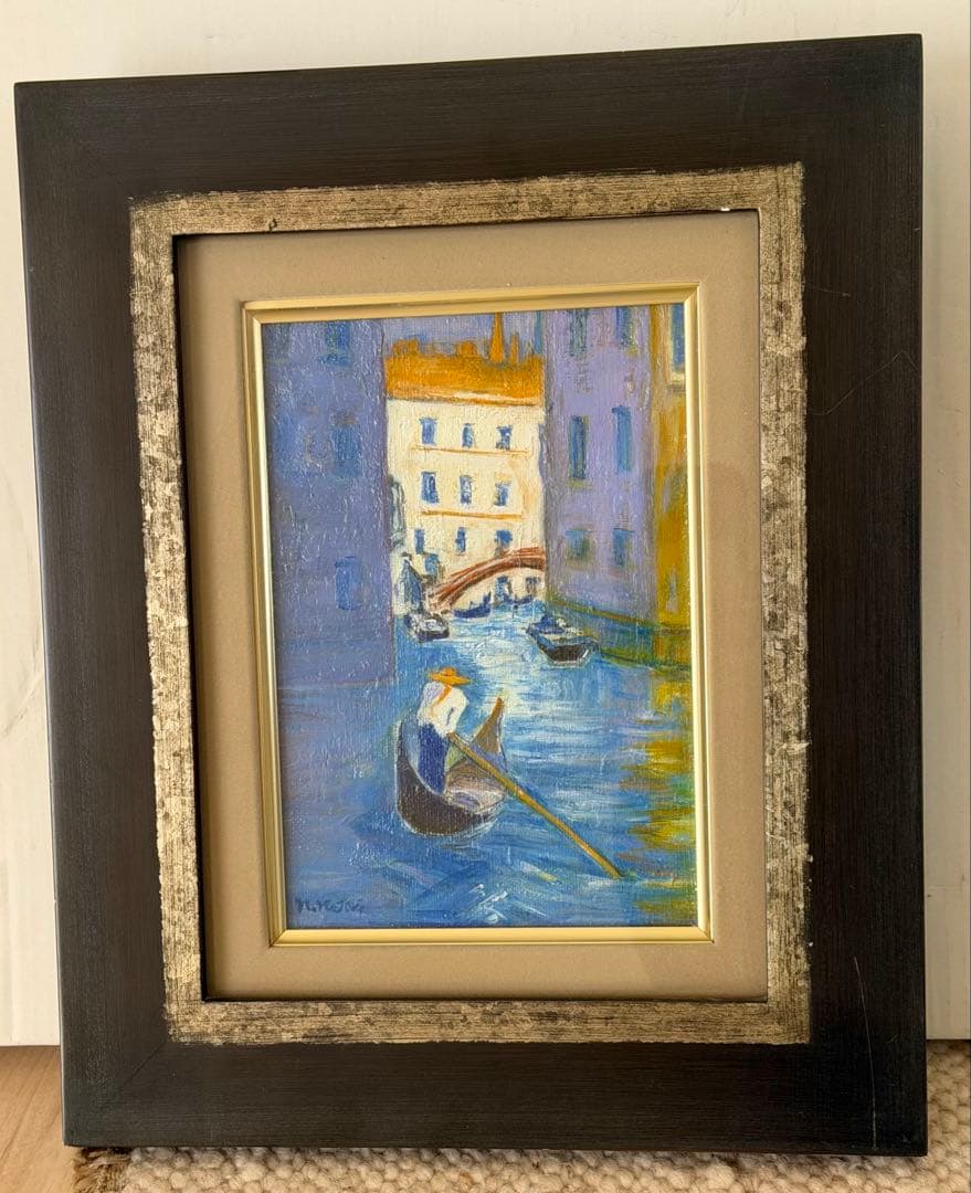 ベネチア運河風景 油彩風 ゴンドラ 額装 ヨーロッパ風景画 インテリア #111