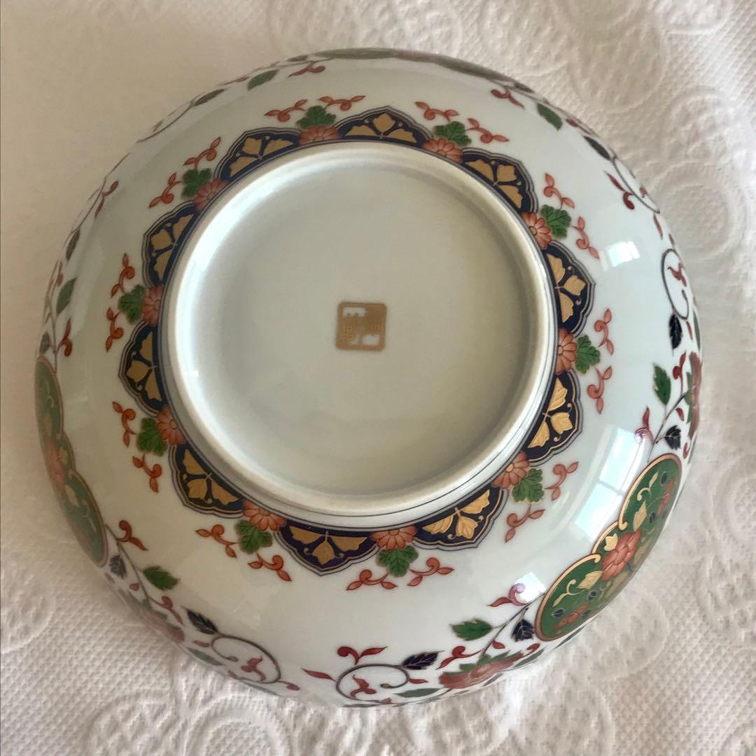 未使用　前畑陶器　庫山窯　美濃焼　藍地金唐草　牡丹　中盛り鉢1個と中平鉢3個