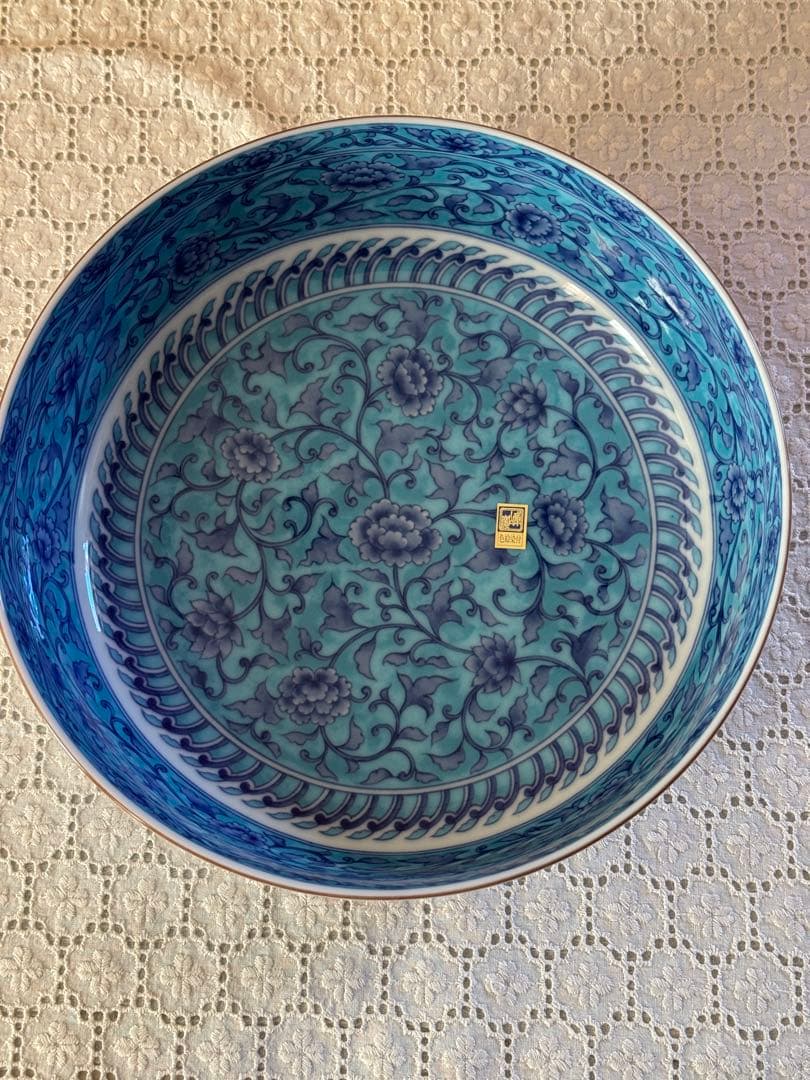 陶器製　大鉢2個　青彩牡丹　花柄