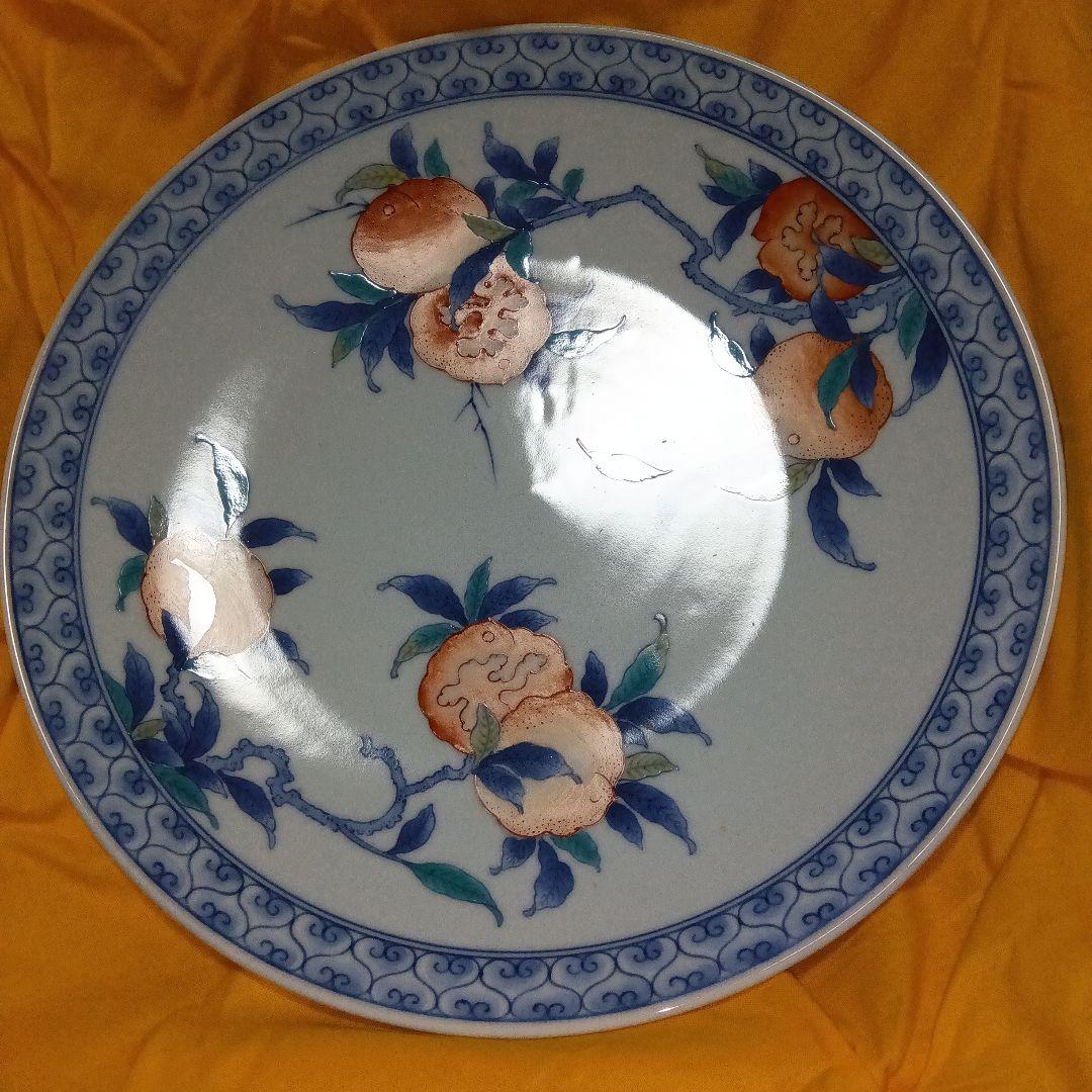 市川　龍仙　色鍋島　色絵柘榴文額皿　木箱付