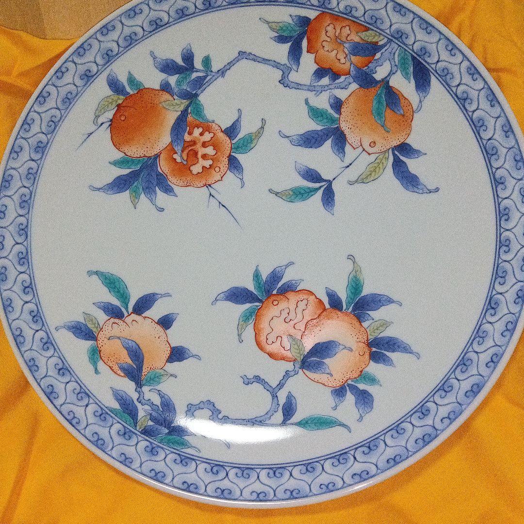 市川　龍仙　色鍋島　色絵柘榴文額皿　木箱付