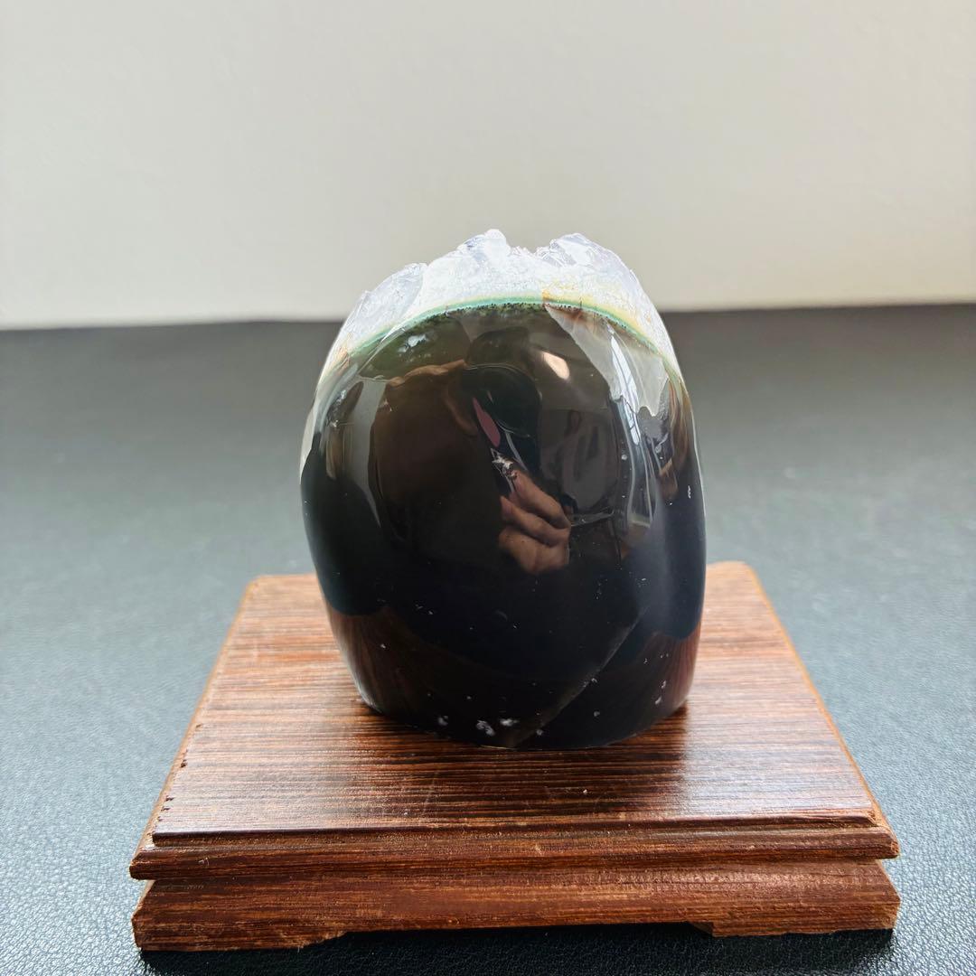 【ウルグアイ産】アメジストジオード｜247g｜瑪瑙層ベース・木製台座付き