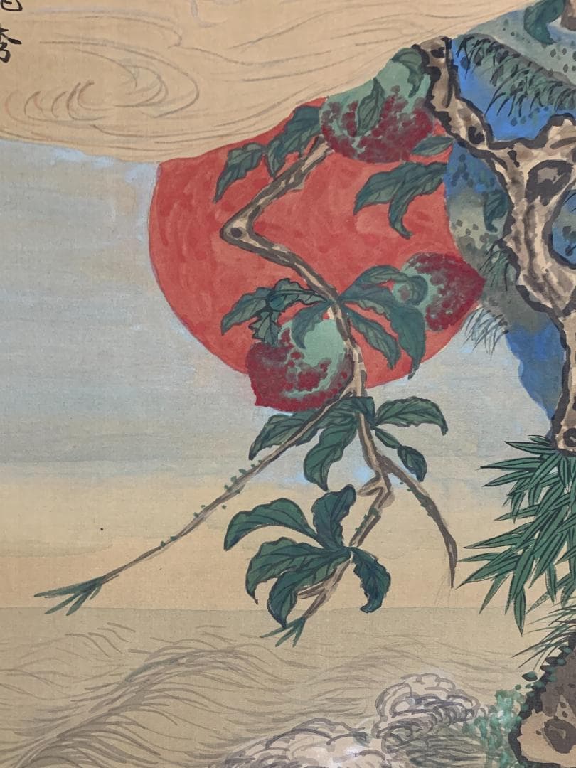 椿椿山 舞鶴旭日香海桃秀 絹本 肉筆 掛軸 南画家 渡辺崋山師事 7548