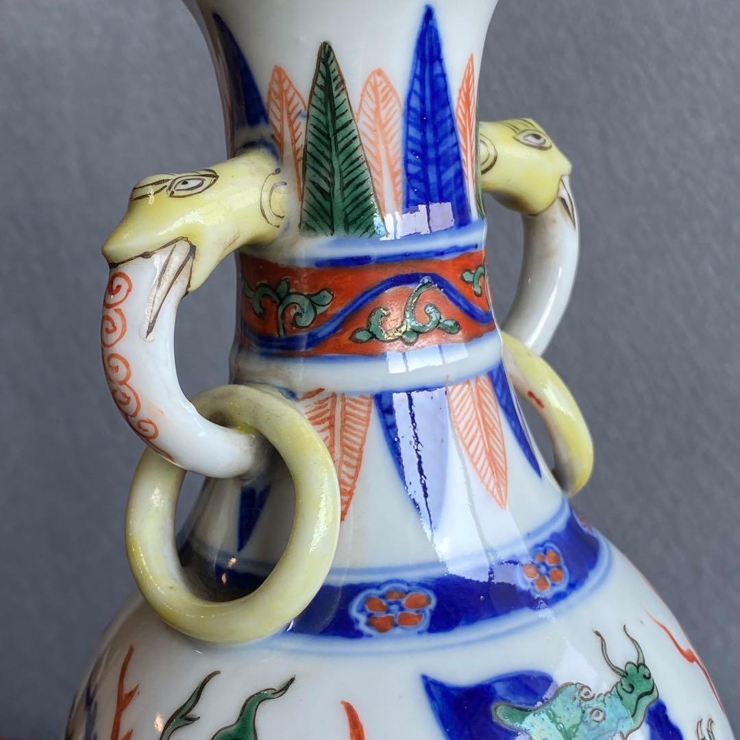 万暦赤絵花生　中国明時代　龍の図柄　夔龍きりゅう　花瓶　置物