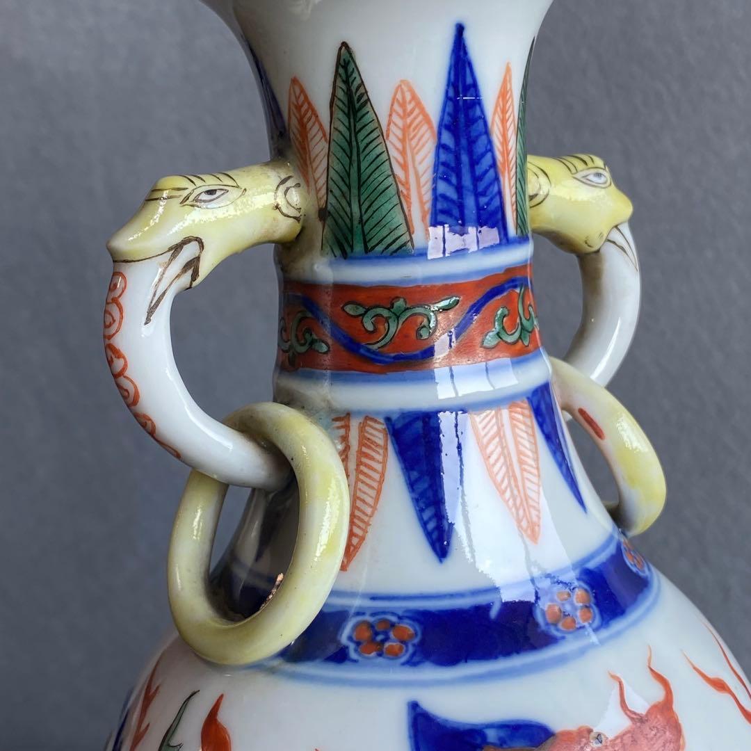 万暦赤絵花生　中国明時代　龍の図柄　夔龍きりゅう　花瓶　置物