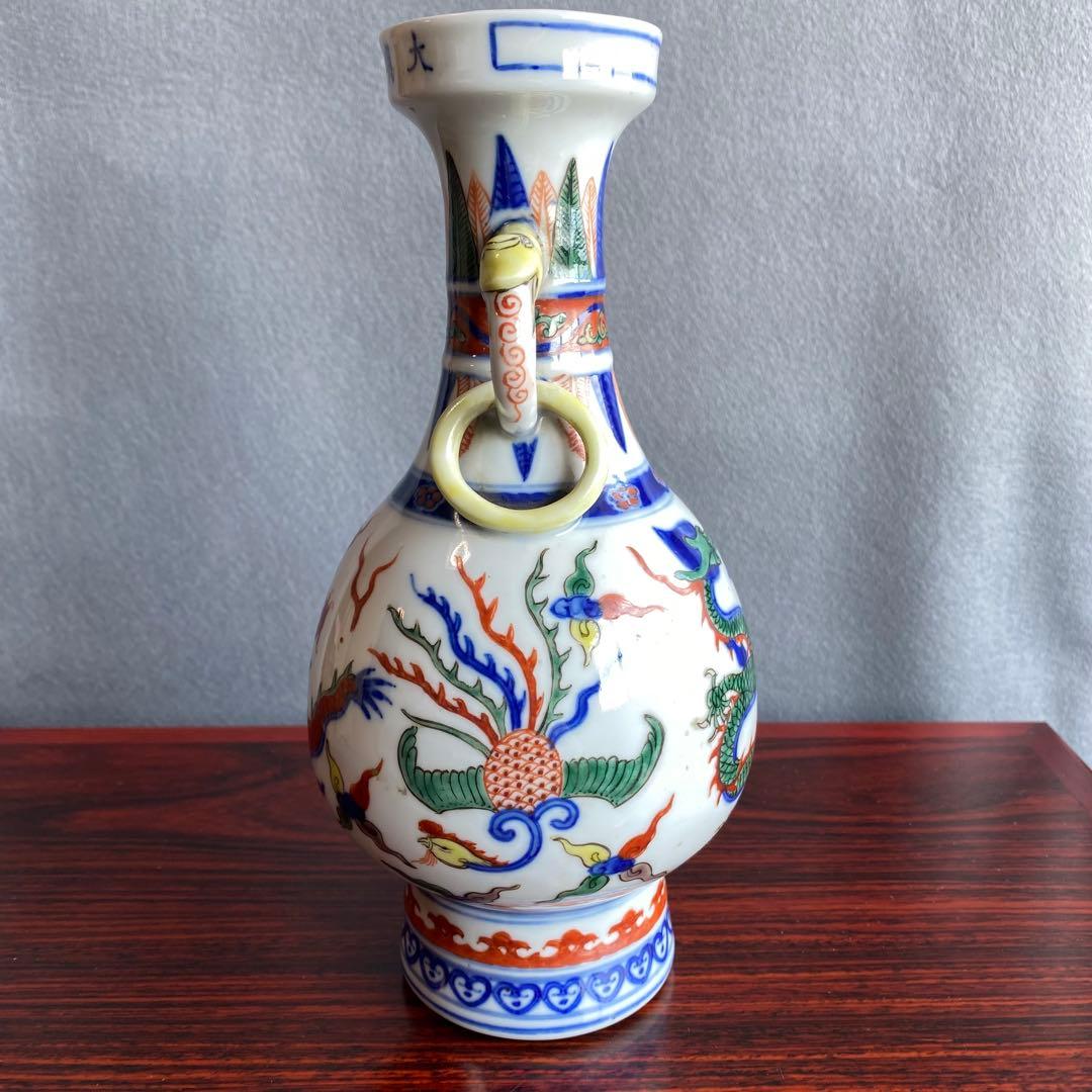 万暦赤絵花生　中国明時代　龍の図柄　夔龍きりゅう　花瓶　置物