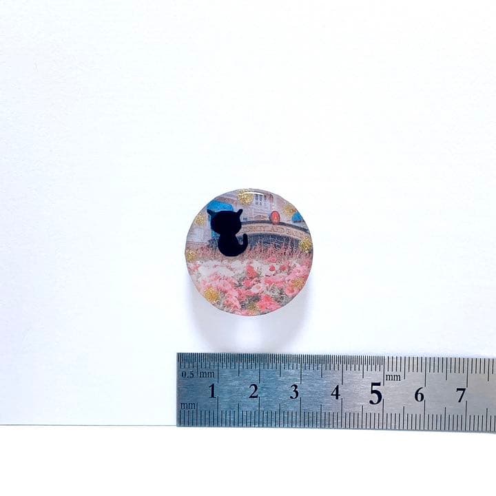 ブローチ　ガーデン　黒猫　レジン