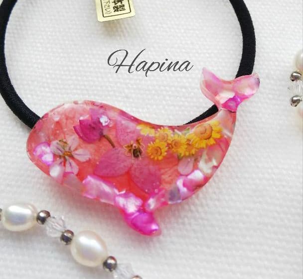 ひまわりとピンクシェル くじらレジンヘアゴム