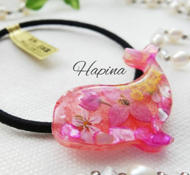 ひまわりとピンクシェル くじらレジンヘアゴム