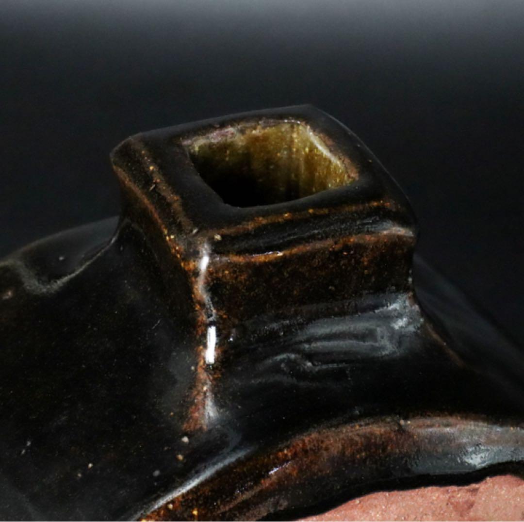 益子焼 浜田晋作 柿釉抜絵扁壷 共箱略歴付 壺 花入 花瓶 花器 父 浜田庄司