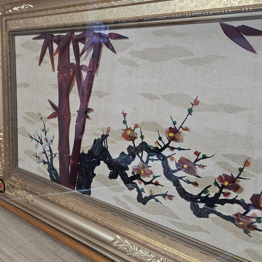 天然石画 松竹梅 JTA認定 山梨貴石画 大型額装 和風壁掛け