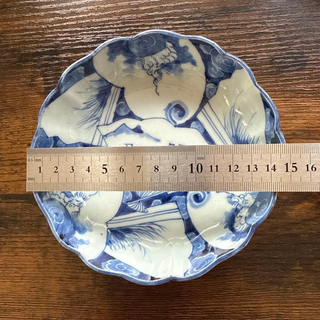 明治時代、伊万里、染め付け、輪花形、扇、「火伏せの龍」美品、即購入OK、匿名発送