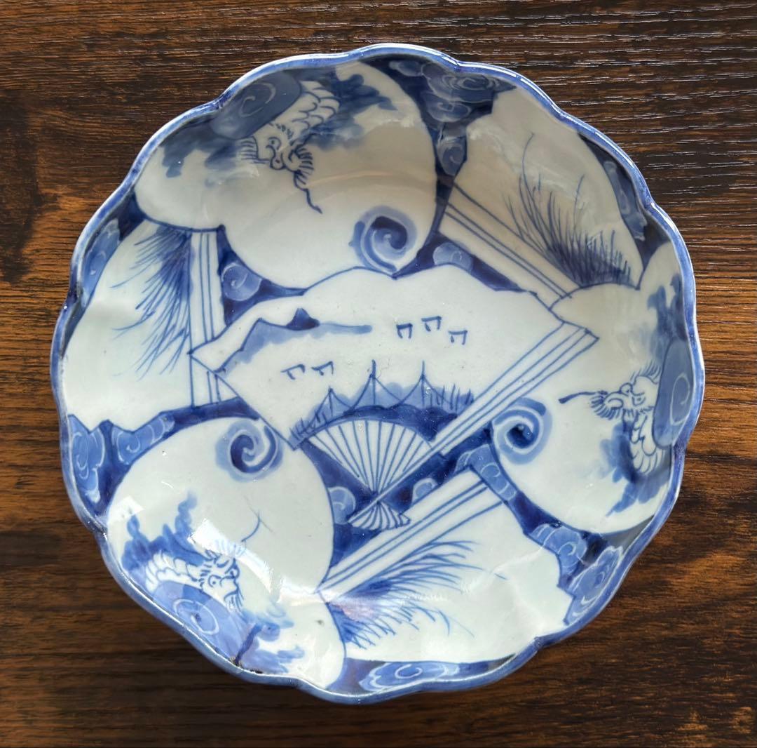 明治時代、伊万里、染め付け、輪花形、扇、「火伏せの龍」美品、即購入OK、匿名発送