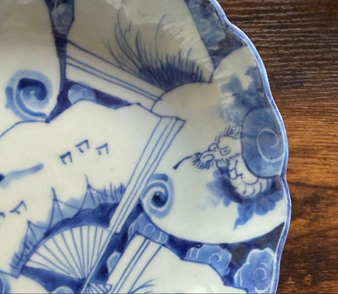 明治時代、伊万里、染め付け、輪花形、扇、「火伏せの龍」美品、即購入OK、匿名発送
