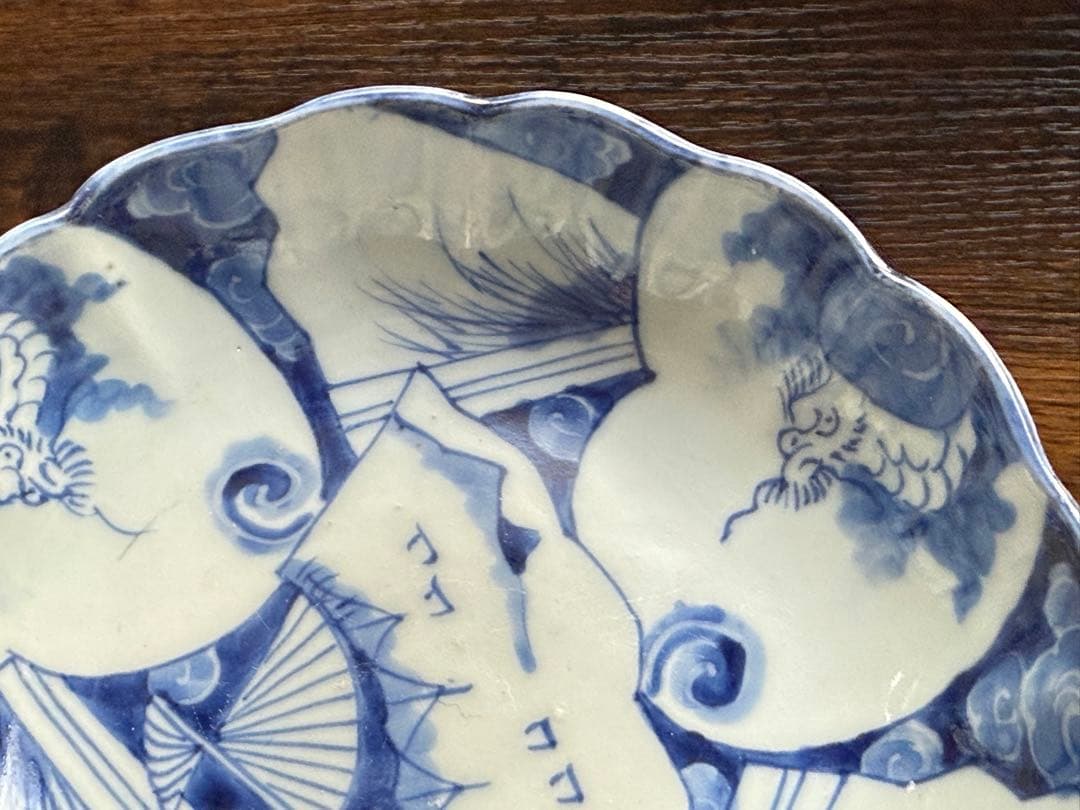明治時代、伊万里、染め付け、輪花形、扇、「火伏せの龍」美品、即購入OK、匿名発送