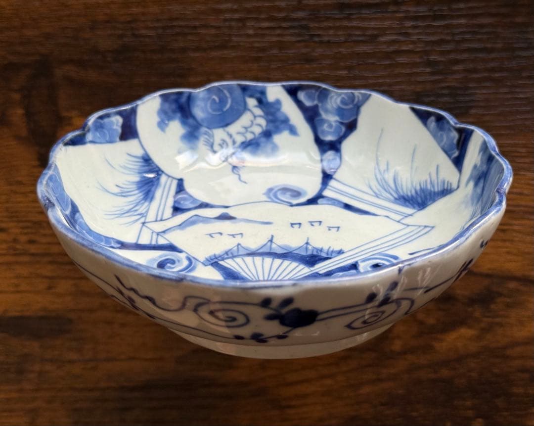 明治時代、伊万里、染め付け、輪花形、扇、「火伏せの龍」美品、即購入OK、匿名発送