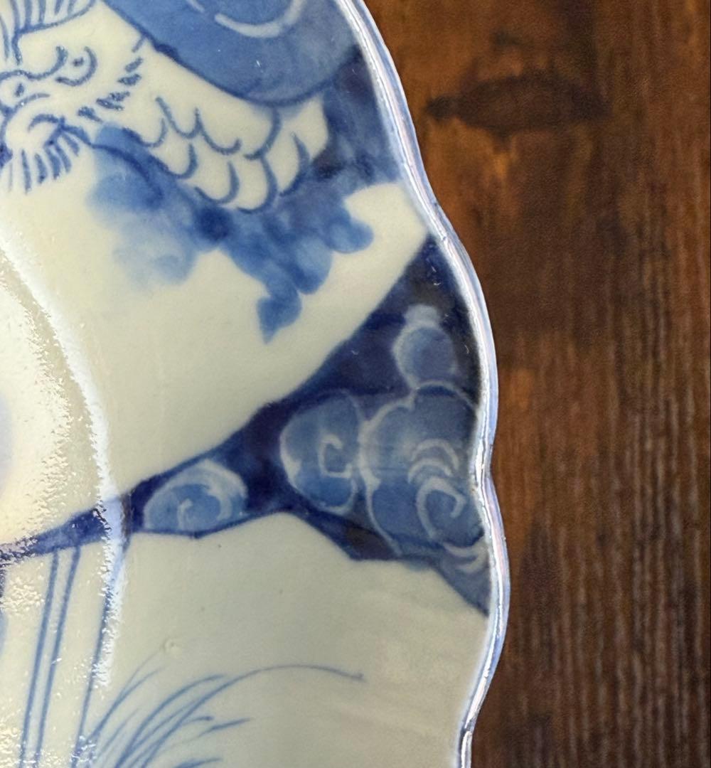 明治時代、伊万里、染め付け、輪花形、扇、「火伏せの龍」美品、即購入OK、匿名発送