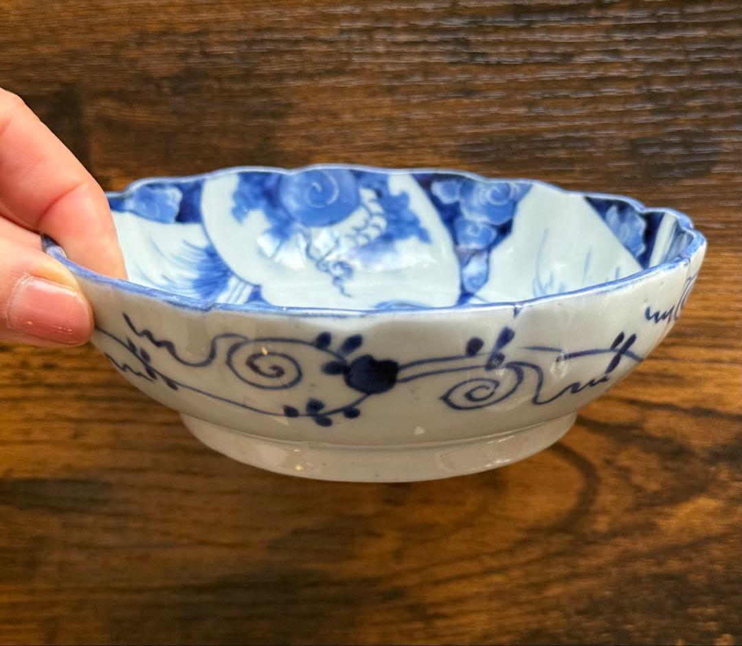 明治時代、伊万里、染め付け、輪花形、扇、「火伏せの龍」美品、即購入OK、匿名発送