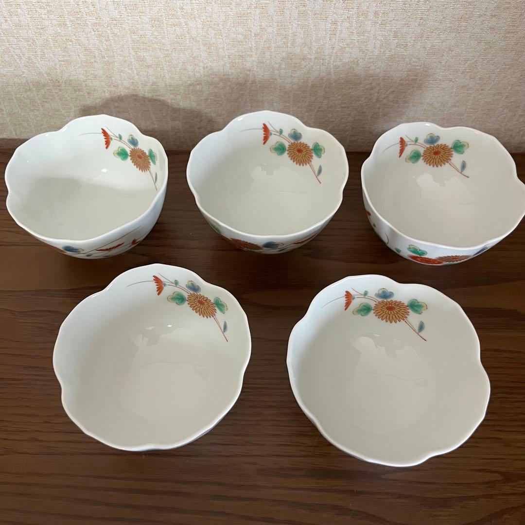 【深川製磁】菊小鳥 花型 小鉢5客揃　　　宮内庁御用達　未使用