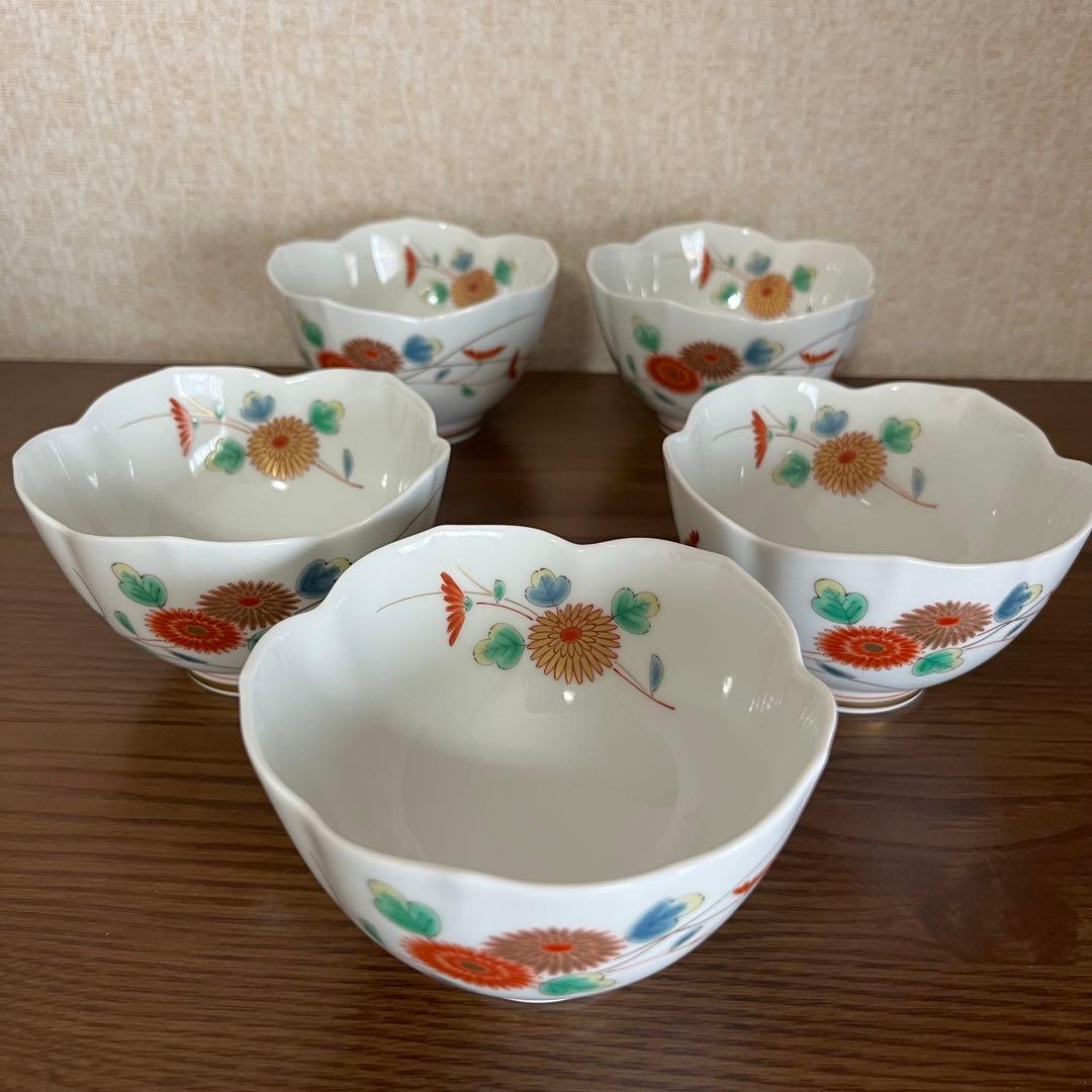 【深川製磁】菊小鳥 花型 小鉢5客揃　　　宮内庁御用達　未使用