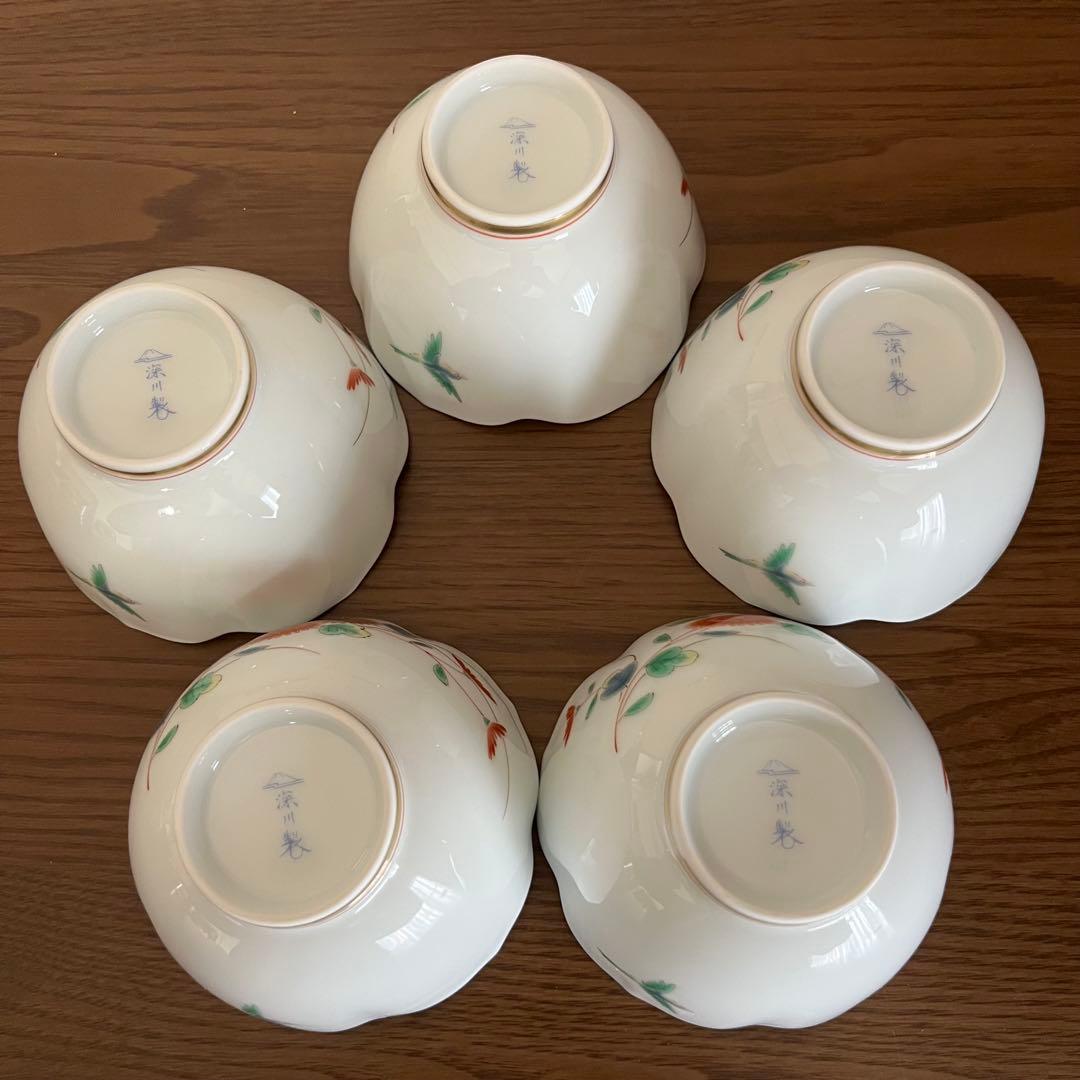 【深川製磁】菊小鳥 花型 小鉢5客揃　　　宮内庁御用達　未使用