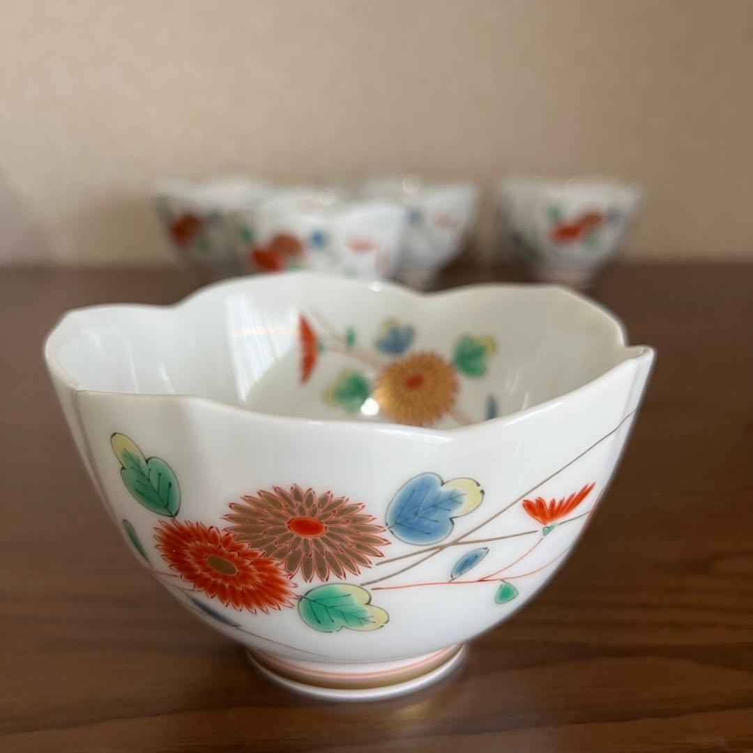 【深川製磁】菊小鳥 花型 小鉢5客揃　　　宮内庁御用達　未使用