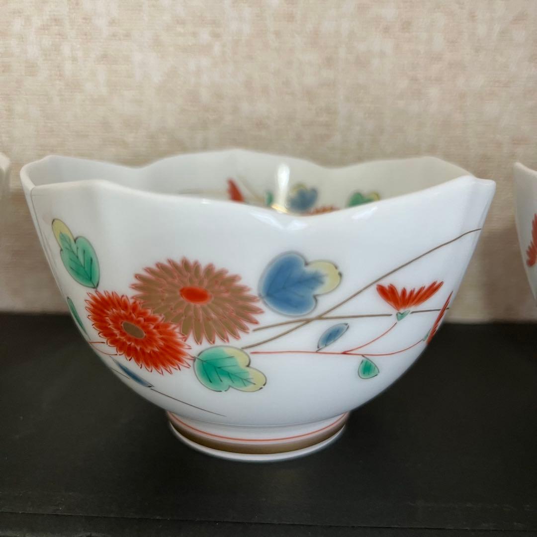 【深川製磁】菊小鳥 花型 小鉢5客揃　　　宮内庁御用達　未使用