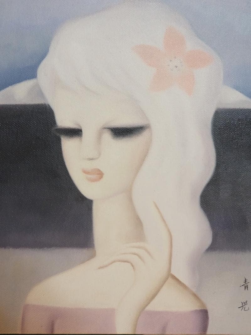 【新春売り】人物画　油絵　東郷青児　山と河　F6　額付き　手描き　肉筆