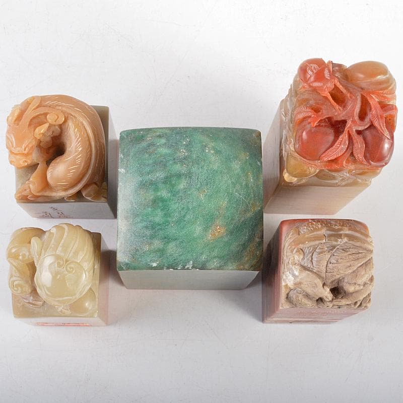 中国　書道具　篆刻　玉石寿山石芙蓉石など　印材　5点まとめて　F　R5215