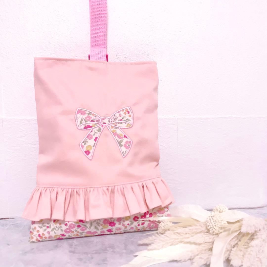 【完成品】　レッスンバッグ　手提げ　リボン　女の子　刺繍　花柄　入園入学　ピンク