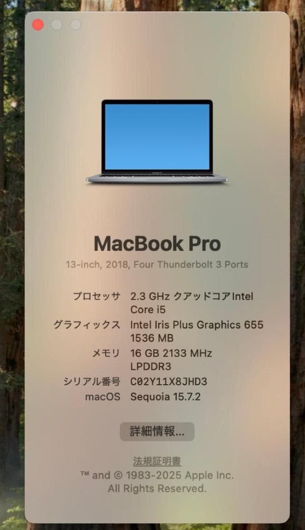MacBook Pro13インチ2018/i5 2.3GHz/16/512GB