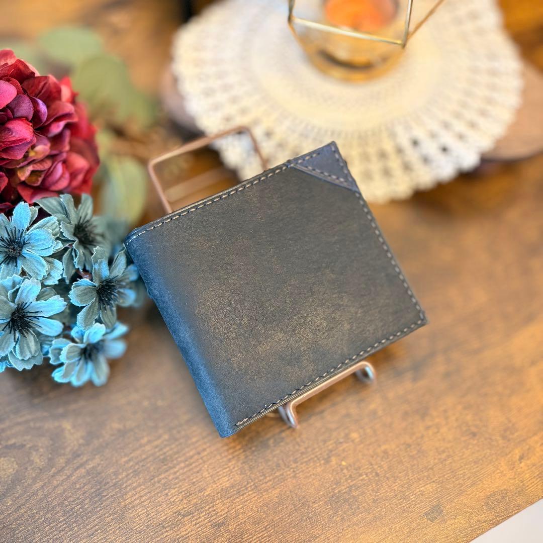 二つ折り財布　レザークラフト　ハンドメイド　本革　ブラック　ブルー