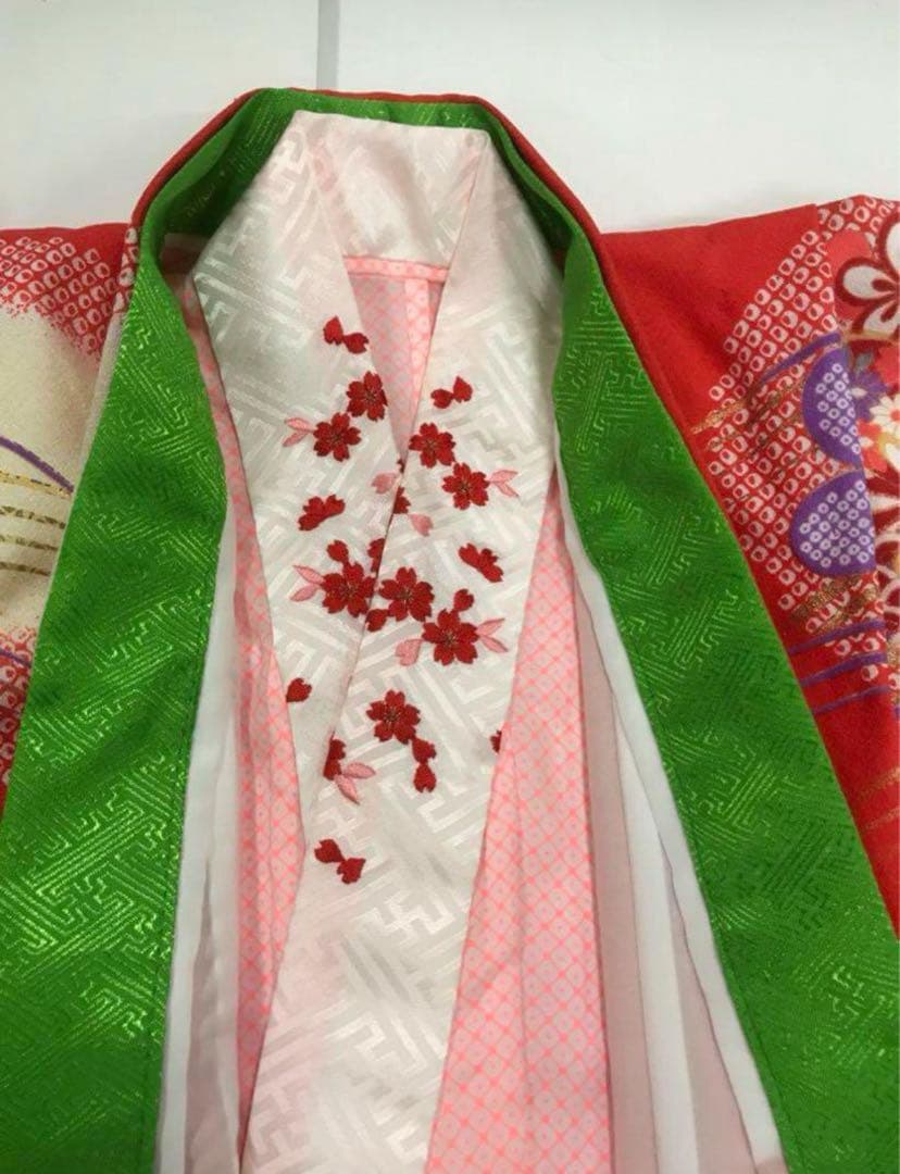 七五三　7歳女の子着物　2点セット　朱赤と紫　鼓　青海波　梅　鹿子柄