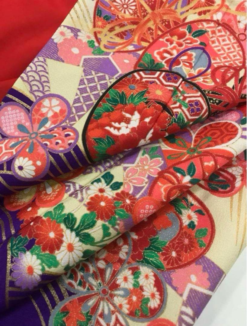 七五三　7歳女の子着物　2点セット　朱赤と紫　鼓　青海波　梅　鹿子柄