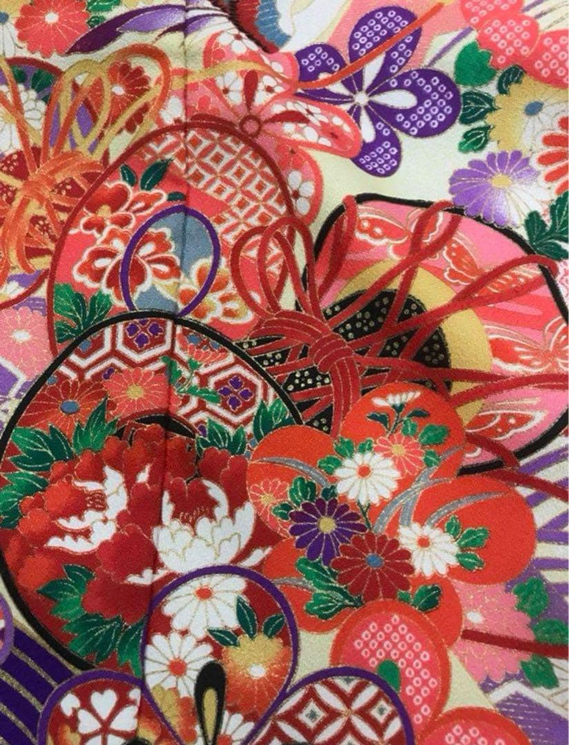 七五三　7歳女の子着物　2点セット　朱赤と紫　鼓　青海波　梅　鹿子柄