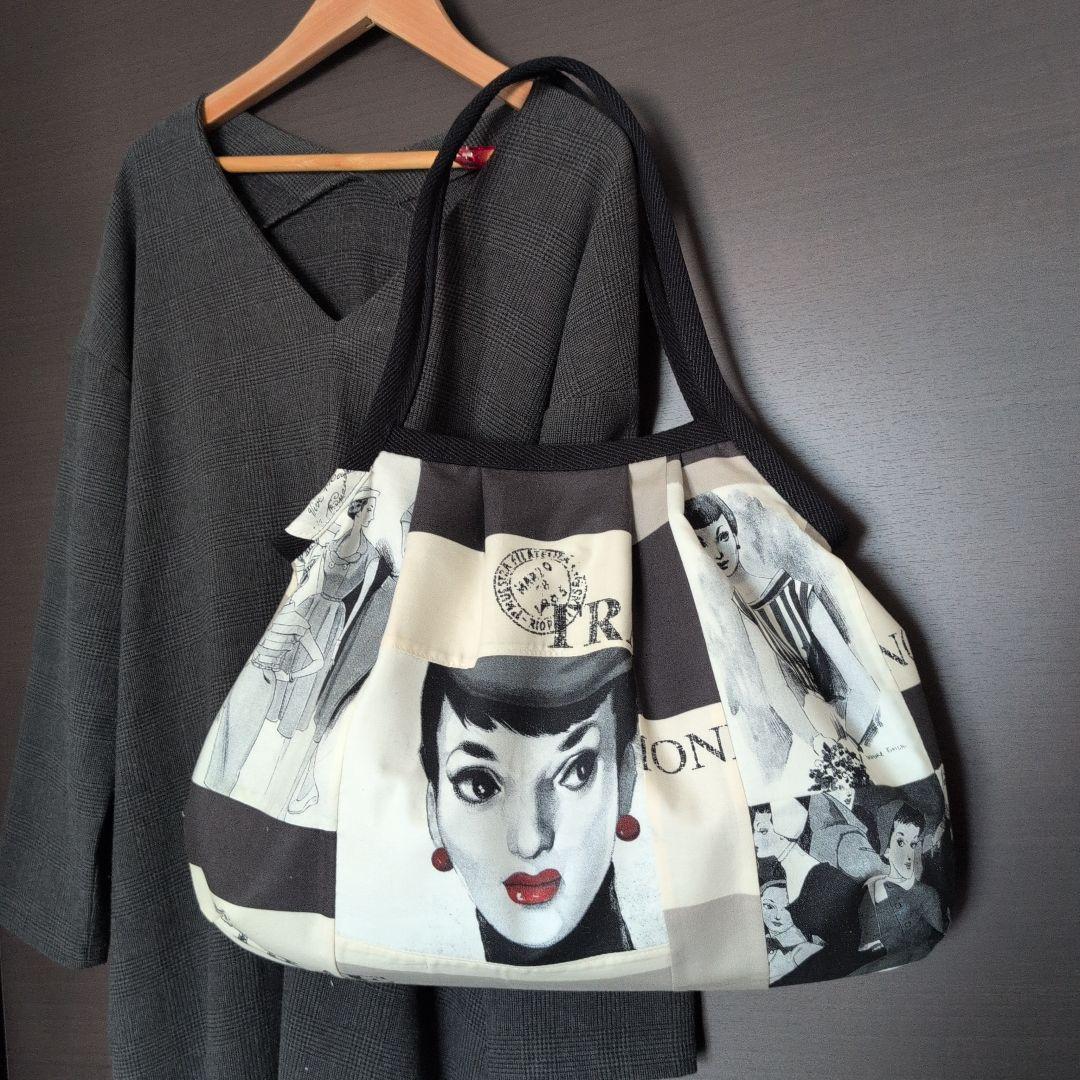 ハンドメイド　中原淳一パネル×小関鈴子生地使用　グラニーバッグ　モダンガール