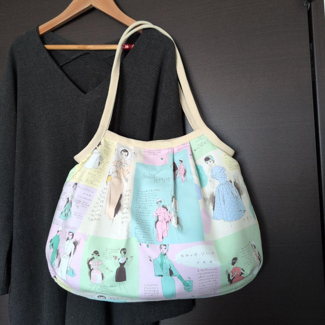 ハンドメイド　中原淳一パネル×小関鈴子生地使用　グラニーバッグ　モダンガール