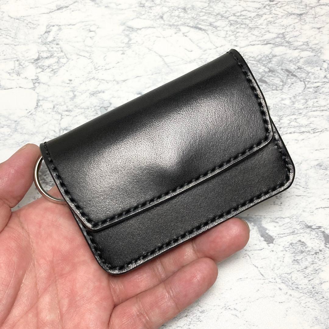 【総手縫い】栃木レザー ミニ財布 キーリング付 本革 コンパクト財布 黒 メンズ