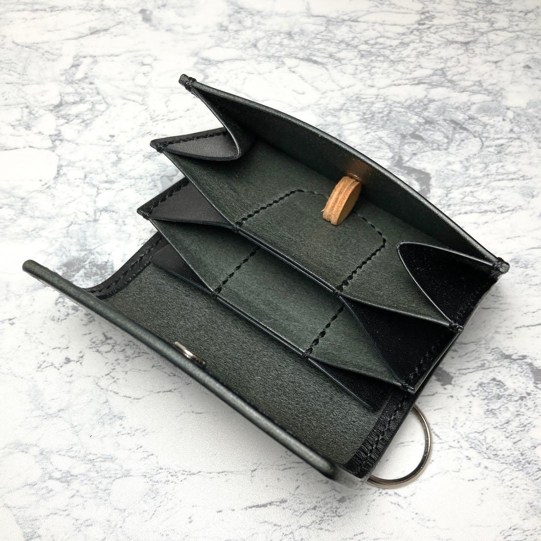 【総手縫い】栃木レザー ミニ財布 キーリング付 本革 コンパクト財布 黒 メンズ