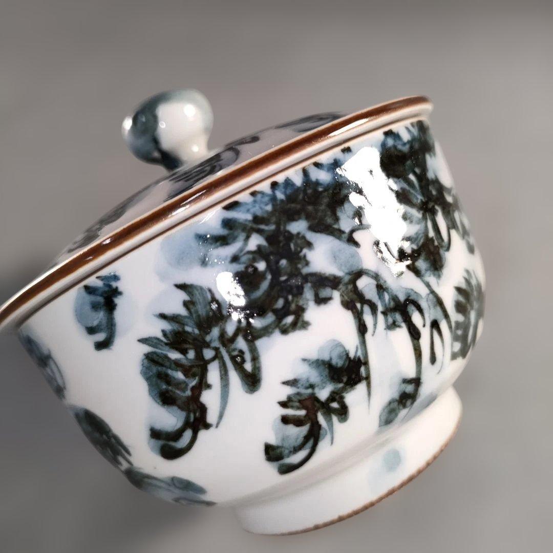 A1384-1/京焼・清水焼/平安瑞古 造/古染山水蓋付汲出茶碗5客/共箱/茶器