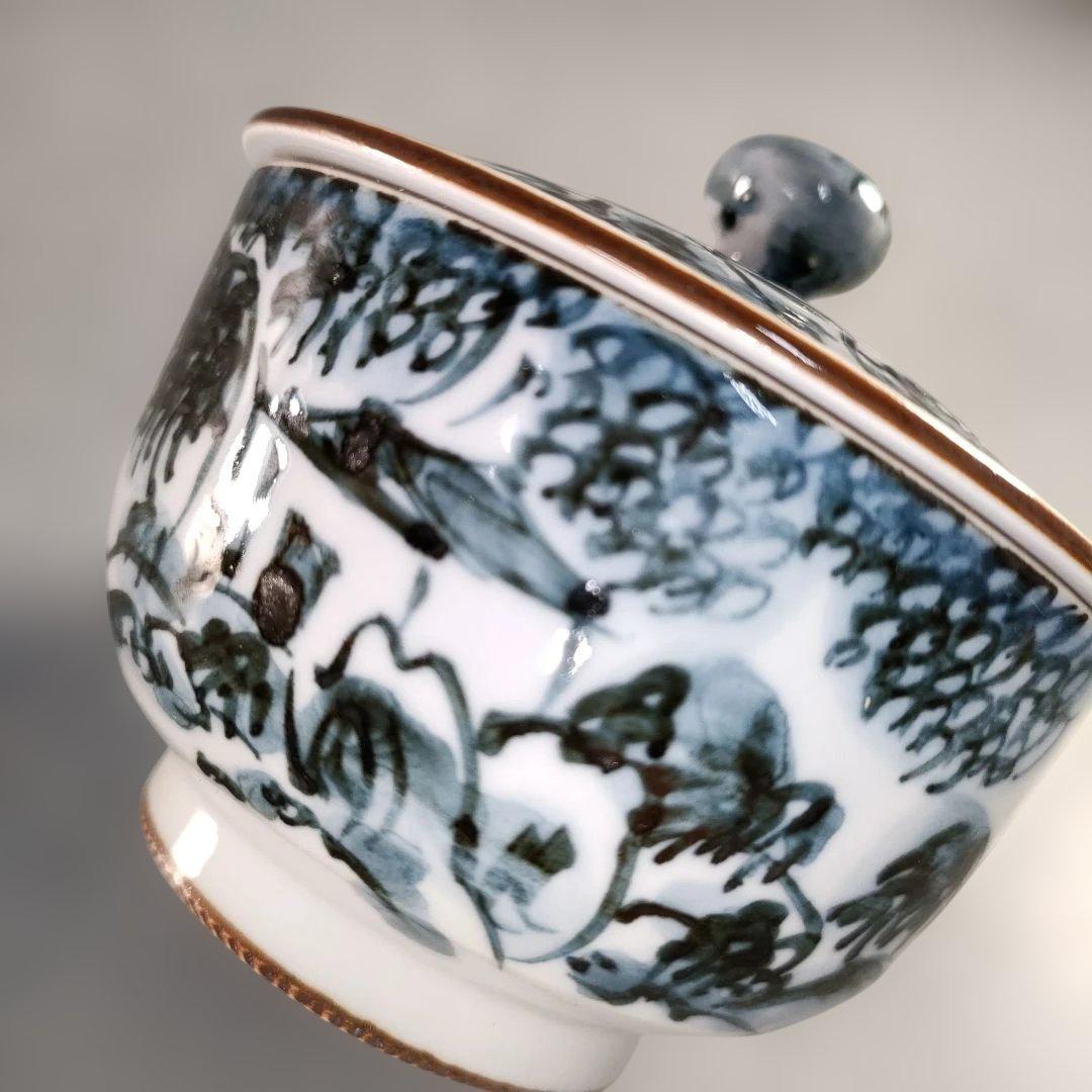 A1384-1/京焼・清水焼/平安瑞古 造/古染山水蓋付汲出茶碗5客/共箱/茶器