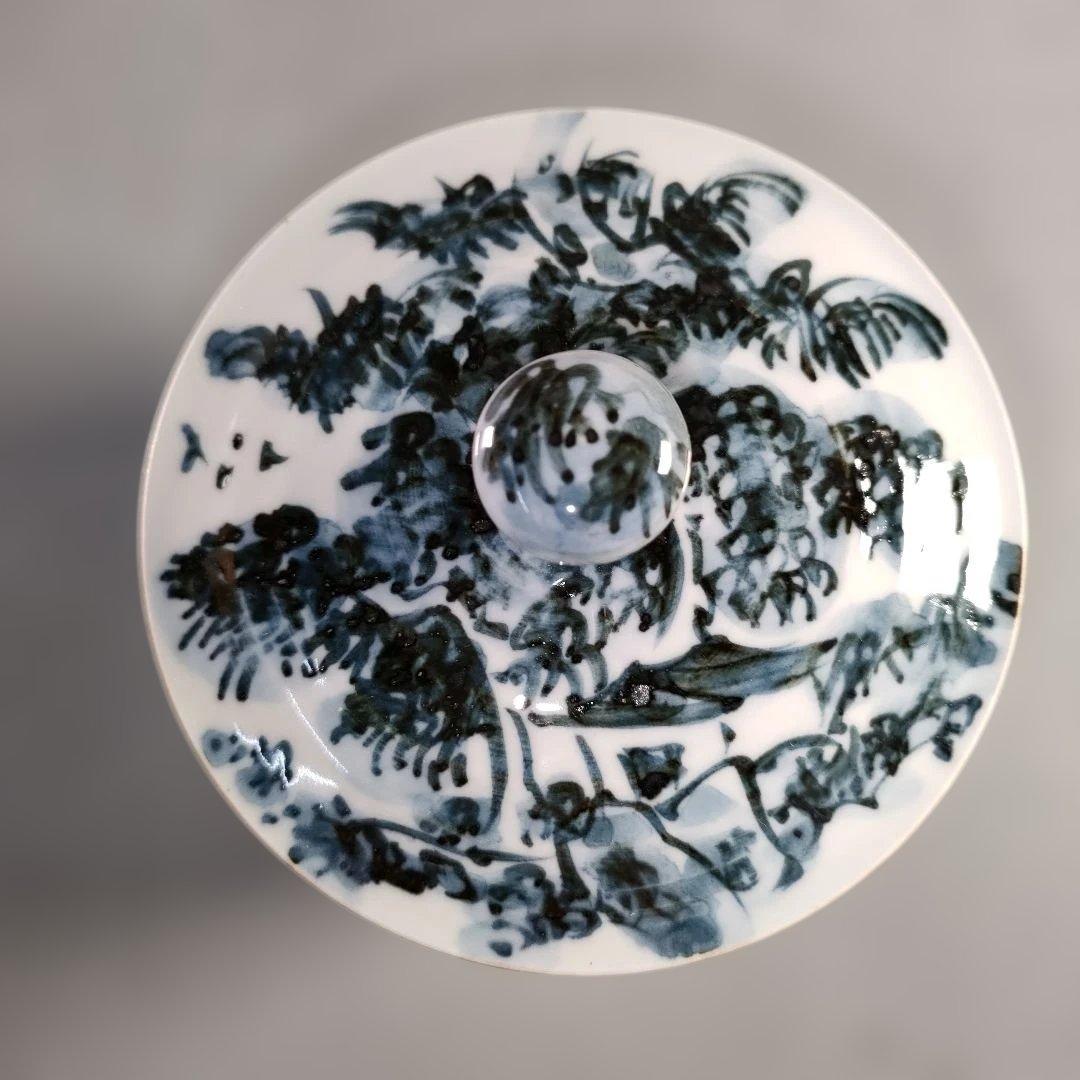 A1384-1/京焼・清水焼/平安瑞古 造/古染山水蓋付汲出茶碗5客/共箱/茶器