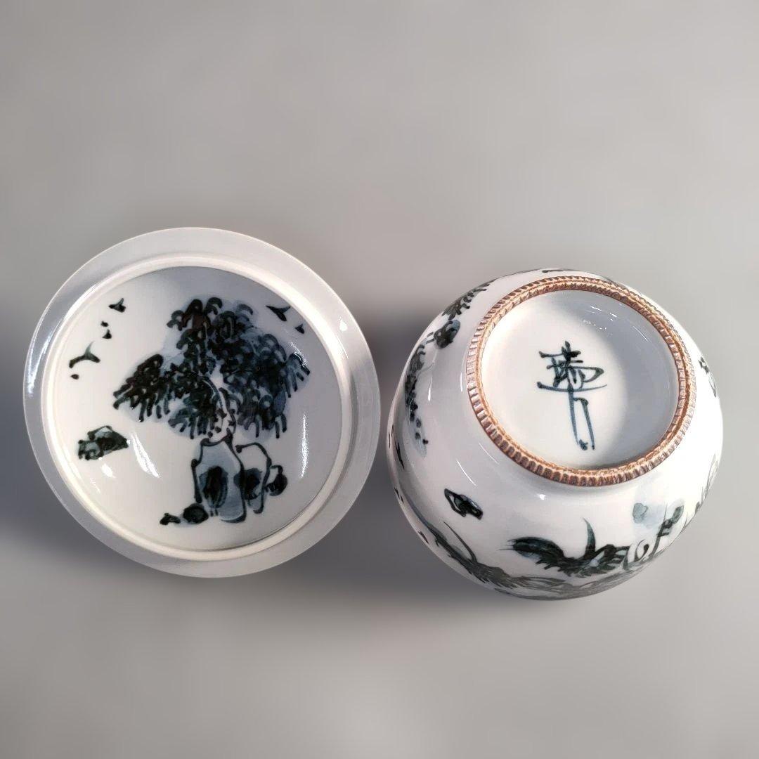 A1384-1/京焼・清水焼/平安瑞古 造/古染山水蓋付汲出茶碗5客/共箱/茶器