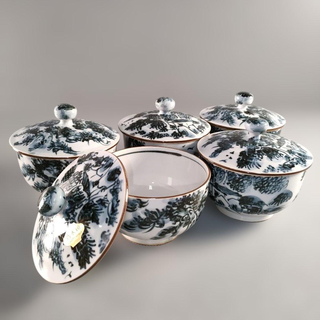 A1384-1/京焼・清水焼/平安瑞古 造/古染山水蓋付汲出茶碗5客/共箱/茶器